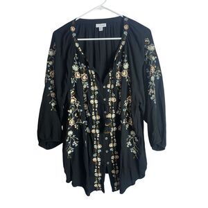 J. Jill Embroidered Black Peasant Blouse 2X Boho Floral Button Front Tassel Tuni